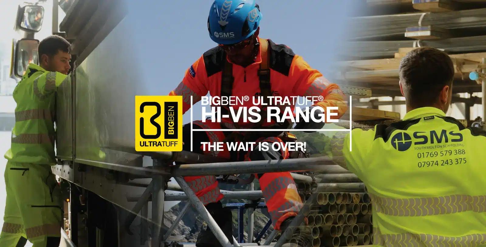 Workers in Leach’s Hi-Vis Workwear handle materials at a building site, branding visible.