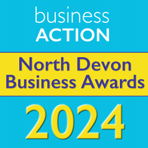 North Devon Business Awards 2024 logo in blue and yellow colours.