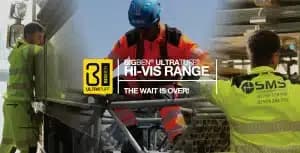 Workers in Leach’s Hi-Vis Workwear handle materials at a building site, branding visible.